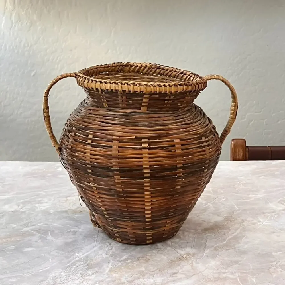 Vintage Two-Toned Brown Woven Rattan Basket with Handles 9